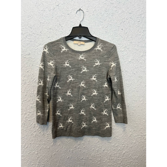 Loft Crew Neck Wool Blend Holiday Winter Christmas Sweater Reindeer Gray Size S - Picture 1 of 5